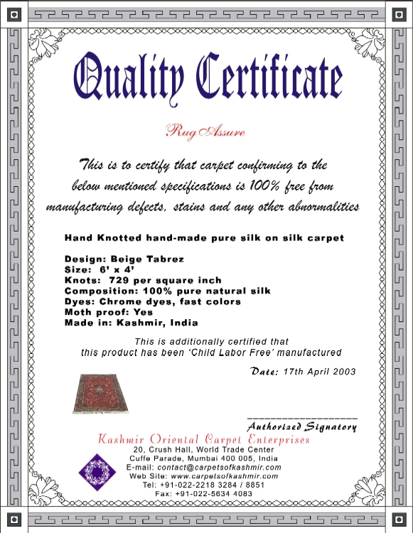 Rug assure certificate: The Mark of Quality