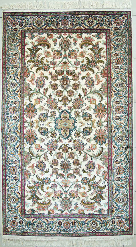 5 by 3 pure silk bedroom rug with floral design handmade and hand knotted