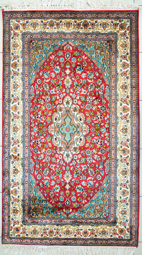 Red pure silk bedroom carpet with floral design handmade and hand knotted