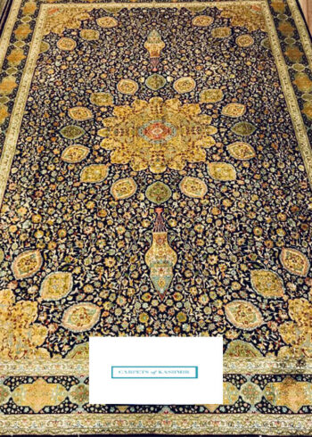 Coral-Reef Handloom Carpet from Kashmir with Knotted Flowers Pure Silk on Cotton 324 Knots per S