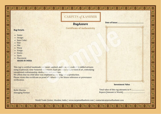 RugAssure Certificate - The authentication certificate for the rugs and carpets.