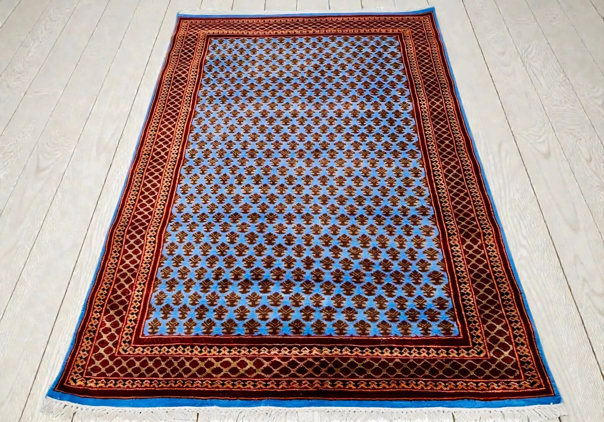 Kashmiri pure wool hand-knotted geometric design coffee table carpet size 7×5 ft