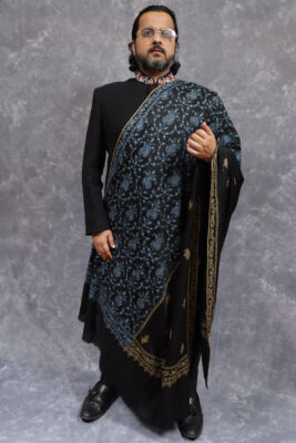 Black embroidered Kashmiri Pashmina shawl men formal drape Black embroidered Kashmiri Pashmina shawl for men styled in a formal drape