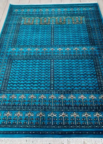 Merino wool hand-knotted geometric design blue coffee table rug size 7×5 ft
