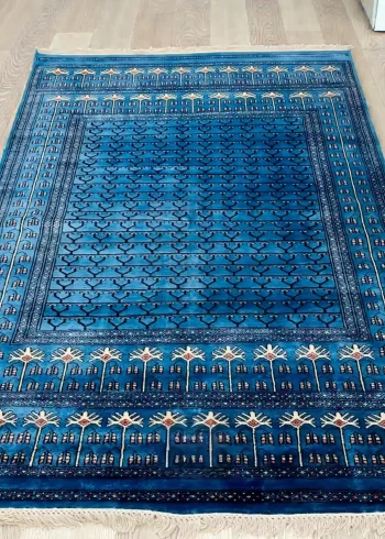 Blue Merino wool handmade hand-knotted minimal geometric coffee table carpet size 7×5 ft