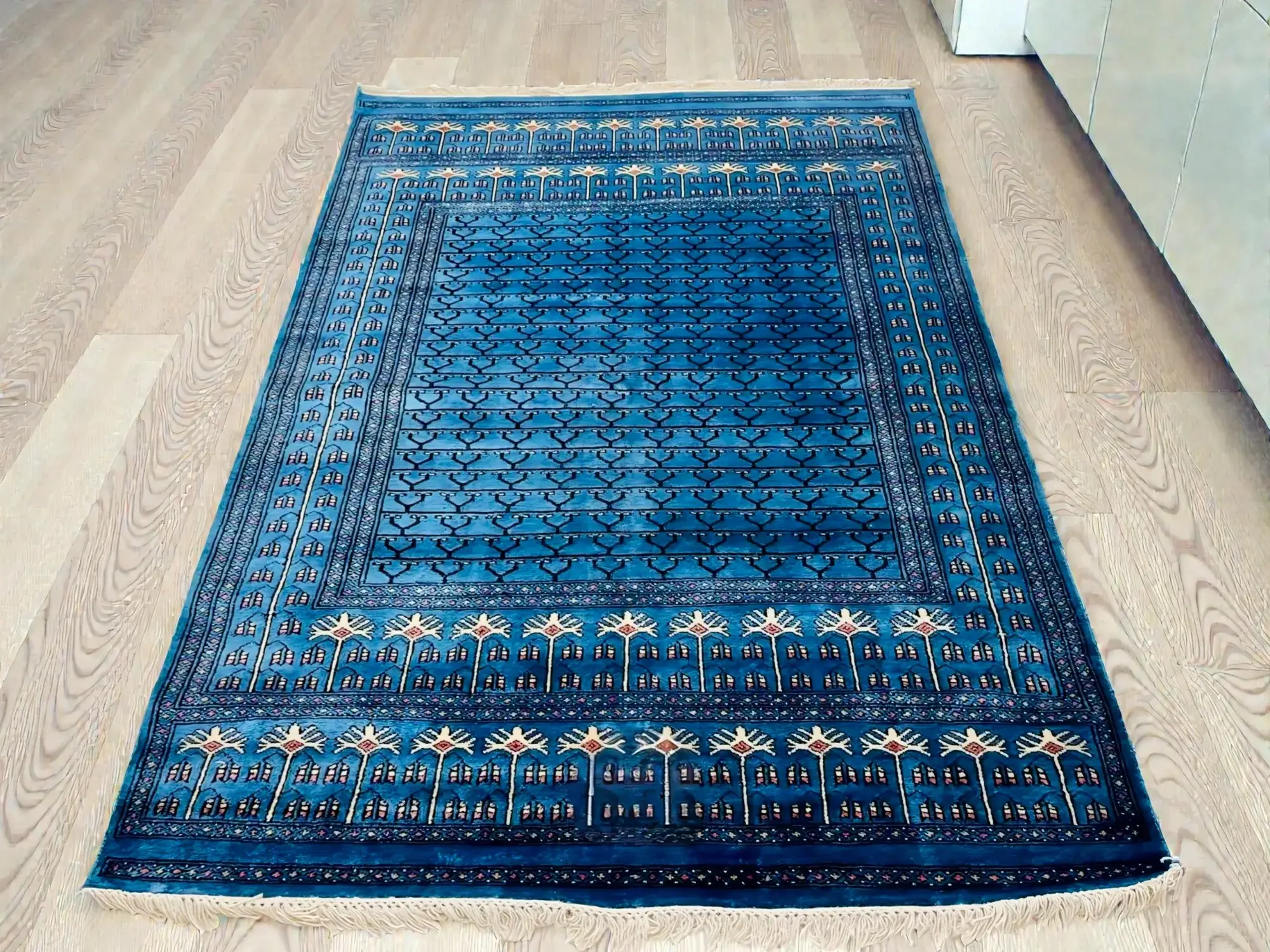 Blue Merino wool handmade hand-knotted minimal geometric coffee table carpet size 7×5 ft