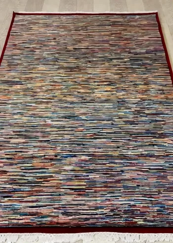 Pure Merino wool hand-knotted geometric designer multi-color coffee table rug size 7×5 ft