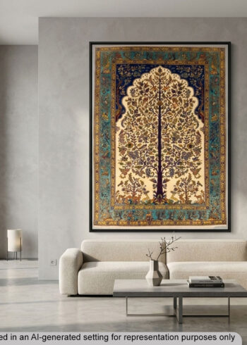AI-generated setting with real pictorial rug