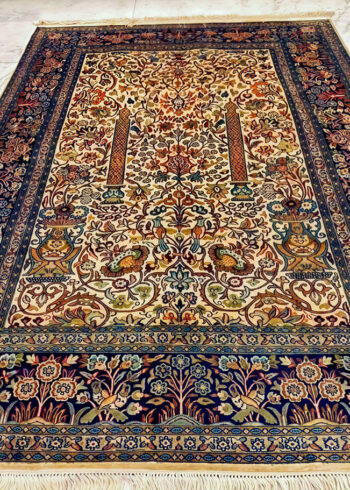Handmade Cream Pure Silk Kashmiri Rug in Pearled Ivory Mehrab pattern, 6x4 ft, 972,000 knots, Azo-free and eco-friendly chrome dyes.