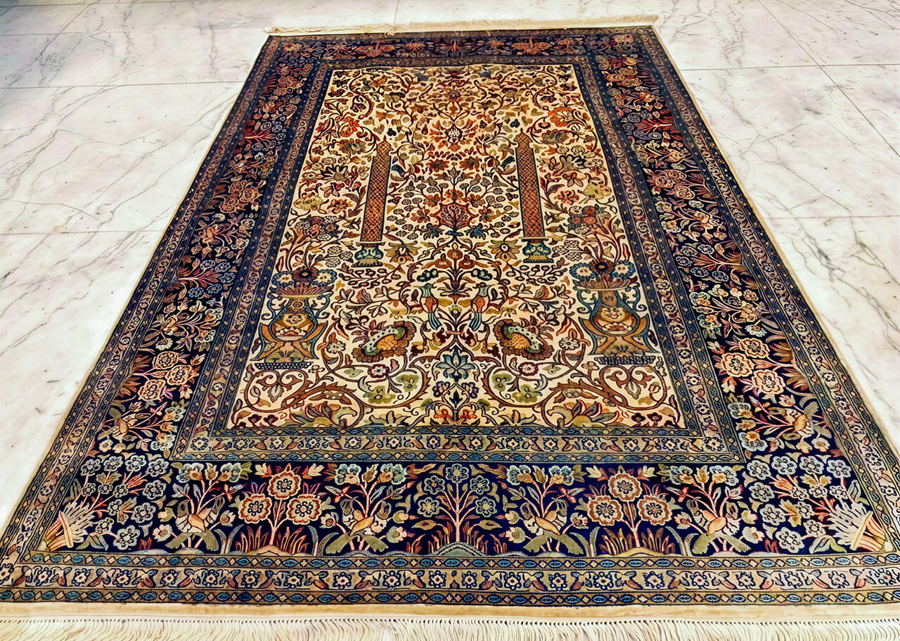 Handmade Cream Pure Silk Kashmiri Rug in Pearled Ivory Mehrab pattern, 6x4 ft, 972,000 knots, Azo-free and eco-friendly chrome dyes.