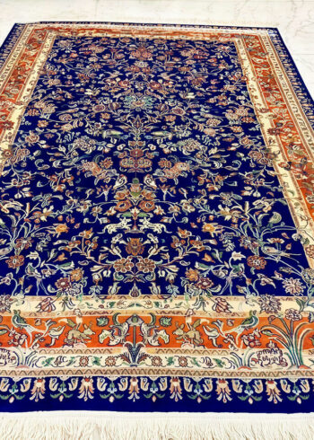 Handmade Blue Pure Silk Kashmiri Rug in Ultramarine Blue Herat floral design, 6x4 ft, 972,000 knots, sustainable luxury silk rug.