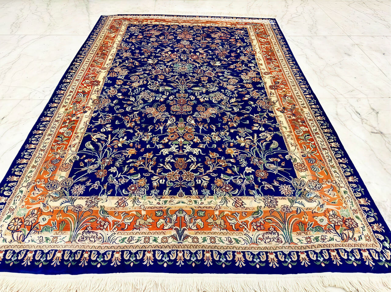 Handmade Blue Pure Silk Kashmiri Rug in Ultramarine Blue Herat floral design, 6x4 ft, 972,000 knots, sustainable luxury silk rug.