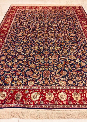 Hand-knotted Blue Pure Silk Kashmiri Rug in Blueberry Mahal oriental floral design, 6x4 ft, 972,000 knots, Pure Mulberry Silk construction.