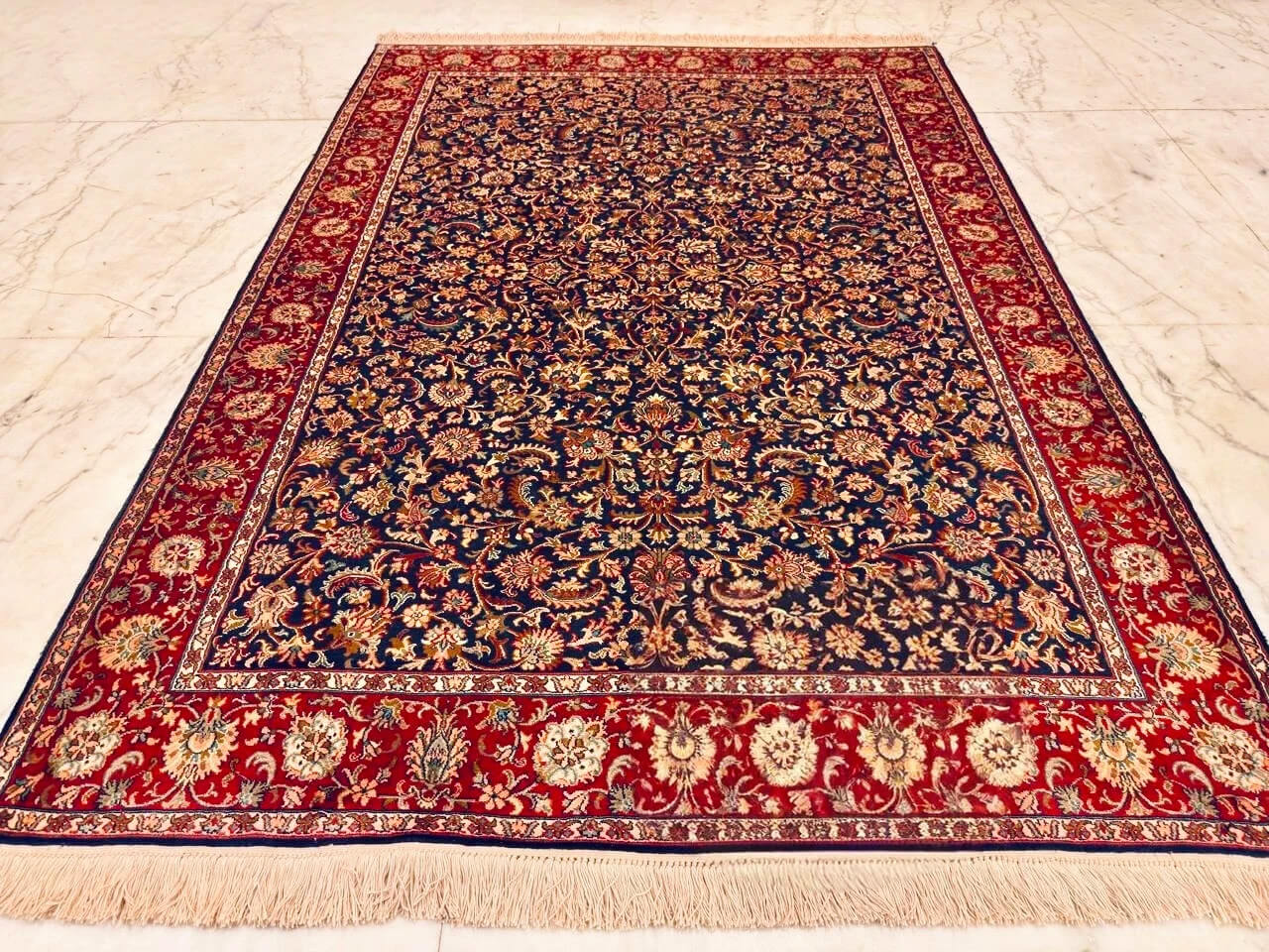 Hand-knotted Blue Pure Silk Kashmiri Rug in Blueberry Mahal oriental floral design, 6x4 ft, 972,000 knots, Pure Mulberry Silk construction.