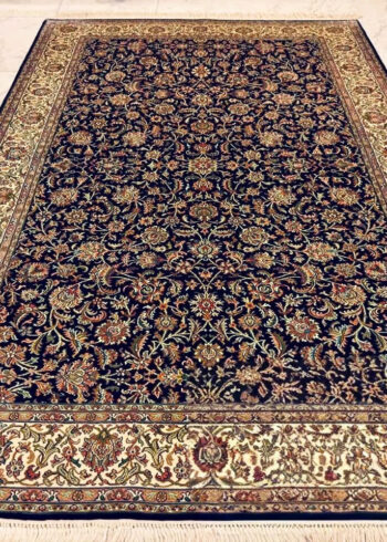 Hand-knotted Blue Pure Silk Kashmiri Rug in Blue Sapphire Millefleurs design, 6x4 ft, 972,000 knots, premium Pure Mulberry Silk.