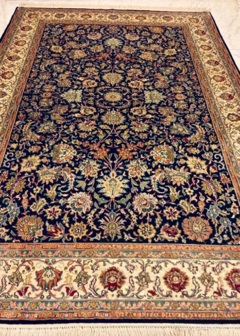 Hand-knotted Blue Pure Silk Kashmiri Rug in Crown Blue Ziegler oriental design, 6x4 ft, 972,000 knots, Pure Mulberry Silk warp and pile.
