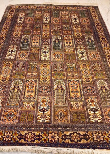Hand-knotted Blue Pure Silk Kashmiri Rug in Sapphire Bakhtiari geometric pattern, 6x4 ft, 972,000 knots, featuring sustainable Azo-free dyes.