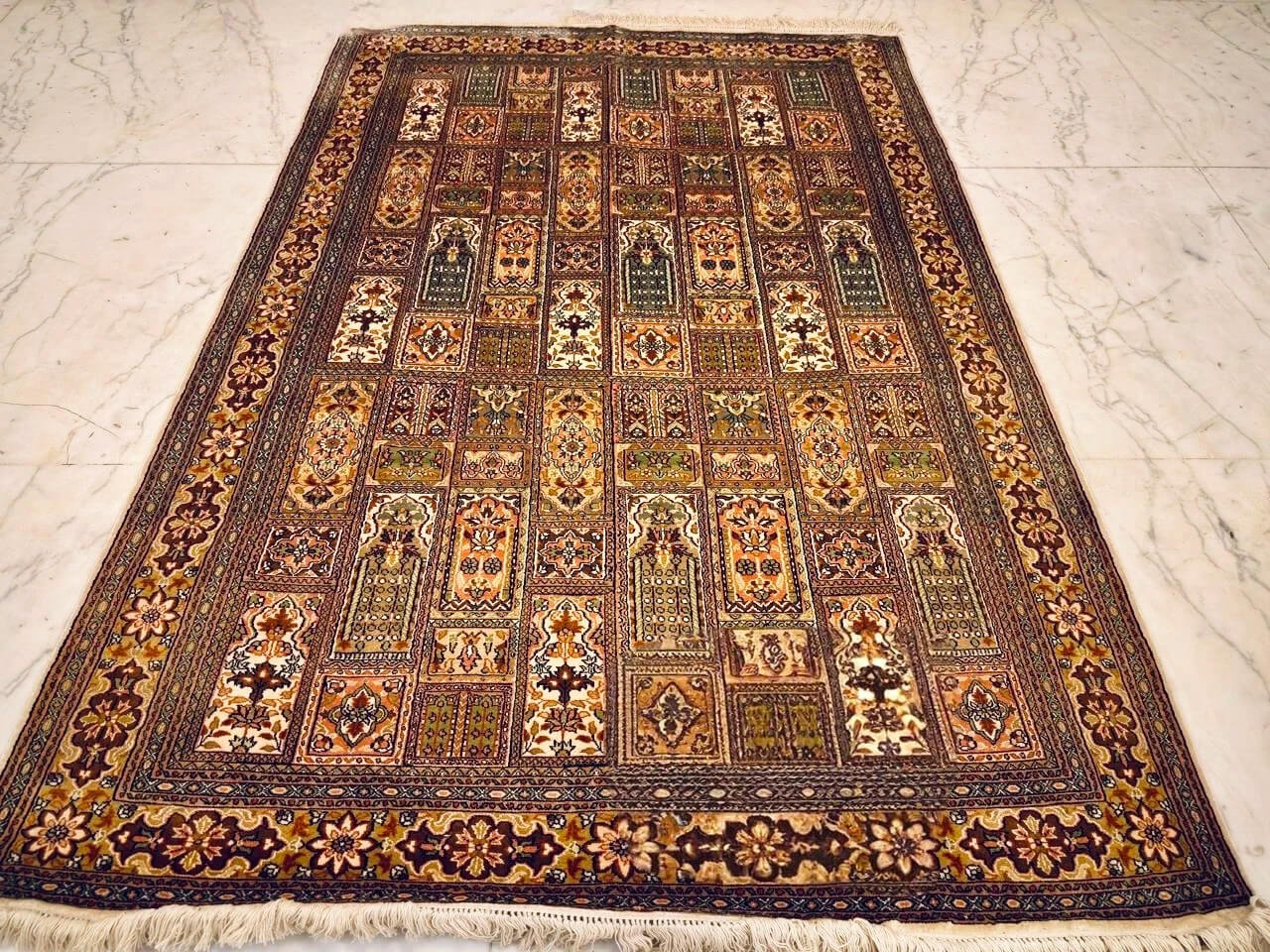 Hand-knotted Blue Pure Silk Kashmiri Rug in Sapphire Bakhtiari geometric pattern, 6x4 ft, 972,000 knots, featuring sustainable Azo-free dyes.