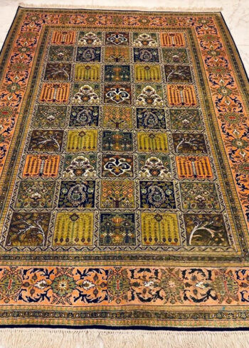 Hand-knotted Blue Pure Silk Kashmiri Rug in Royal Navy Qum pattern, 6x4 ft, 972,000 knots, featuring Azo-free and eco-friendly chrome dyes.