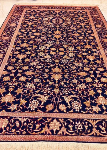 Handmade Blue Pure Silk Kashmiri Rug in Royal Blue Shah Abbas style, 6x4 ft, 972,000 knots, traditional oriental coffee table silk carpet.