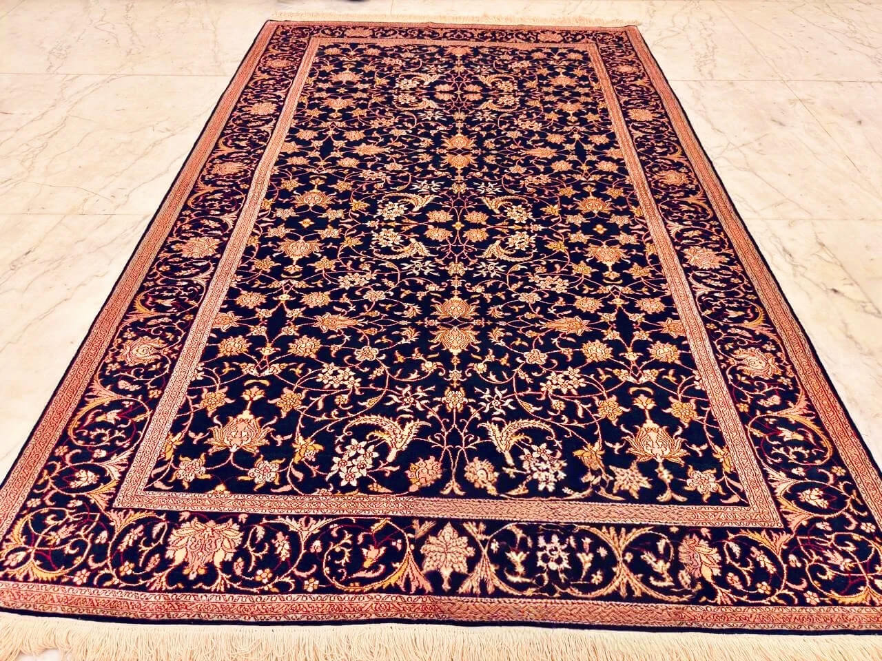 Handmade Blue Pure Silk Kashmiri Rug in Royal Blue Shah Abbas style, 6x4 ft, 972,000 knots, traditional oriental coffee table silk carpet.