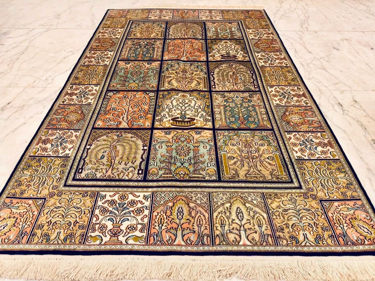 Handmade Blue Pure Silk Indo-Kashmiri Rug in Insignia Blue Shalimar-Hamadan style, 6x4 ft, 972,000 knots, Pure Mulberry Silk pile and fringe.