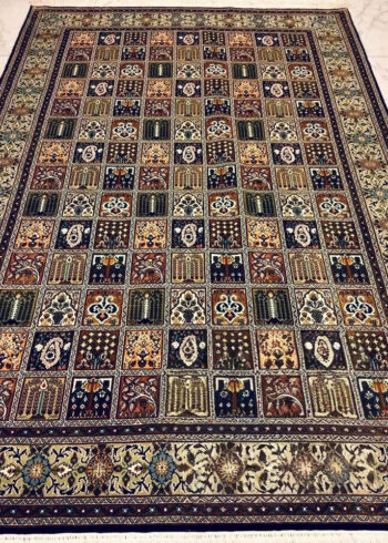 Handmade Blue Pure Silk Kashmiri Rug in Navy Qum design, 6x4 ft, 972,000 knots, luxury hand-knotted coffee table carpet with eco-friendly dyes.