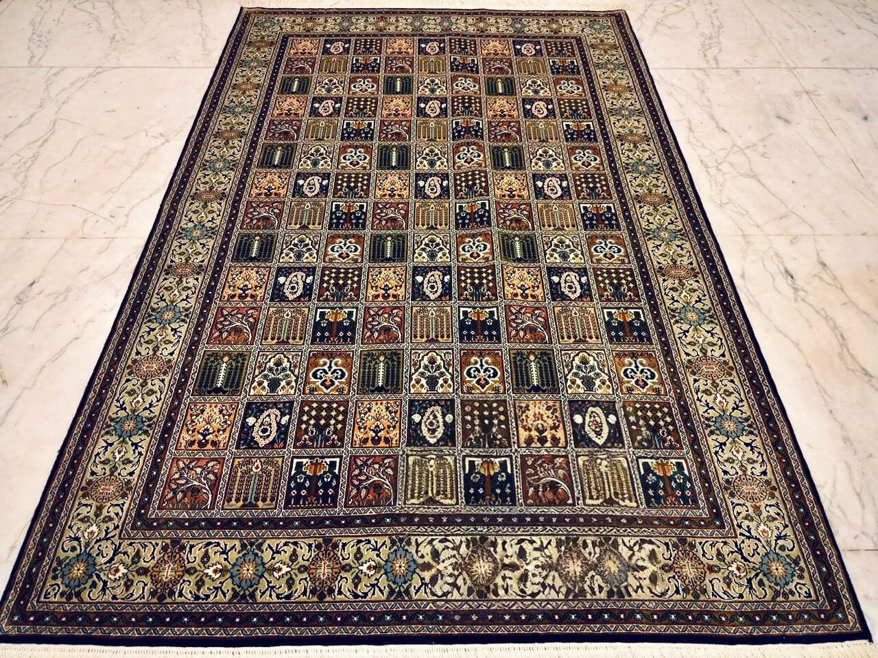 Handmade Blue Pure Silk Kashmiri Rug in Navy Qum design, 6x4 ft, 972,000 knots, luxury hand-knotted coffee table carpet with eco-friendly dyes.