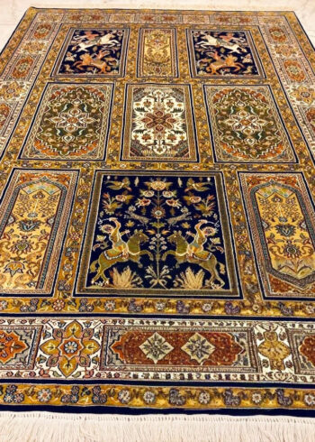 Handmade Blue Pure Silk Kashmiri Rug in Astral Blue Vaq-Vaq Tree-of-Life design, 6x4 ft, 972,000 knots, premium hand-woven silk carpet.