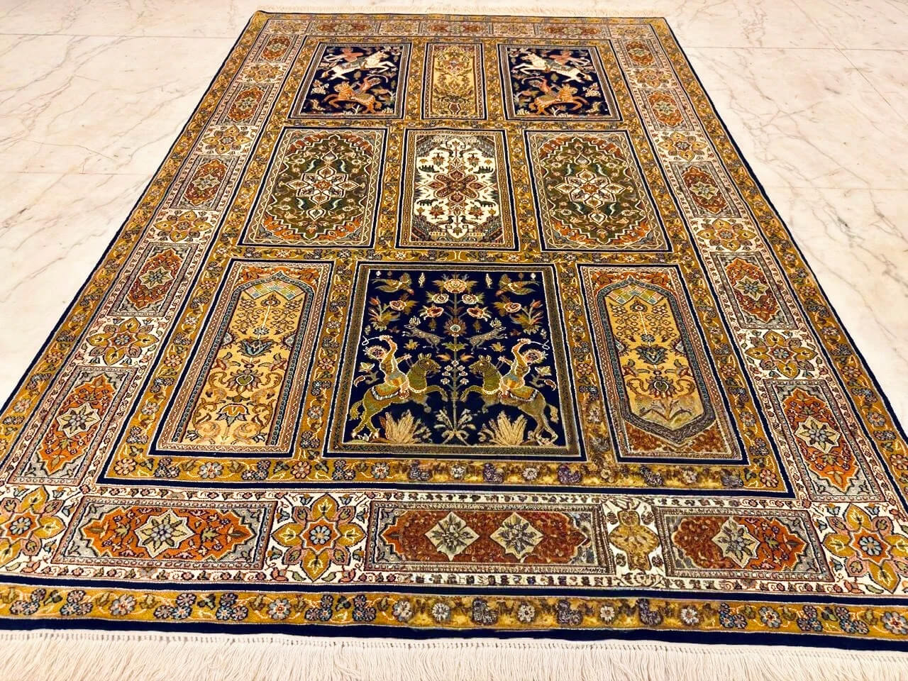 Handmade Blue Pure Silk Kashmiri Rug in Astral Blue Vaq-Vaq Tree-of-Life design, 6x4 ft, 972,000 knots, premium hand-woven silk carpet.