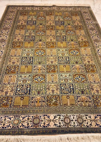 Hand-knotted Cream Pure Silk Kashmiri Rug in Almond Bisque Qum style, 6x4 ft, 972,000 knots, 100% Pure Mulberry Silk with chrome-free dyes.