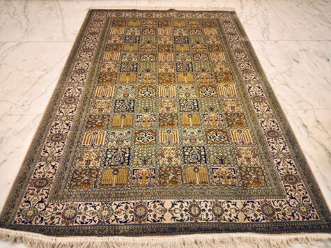 Cream Hand-knotted Pure Silk Kashmiri Qum Rug 6x4