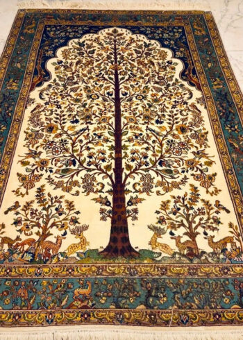 Hand-knotted Cream Pure Silk Kashmiri Rug in Cornhusk Tree-of-Life design, 6x4 ft, 972,000 knots, featuring eco-friendly chrome-free dyes for living room