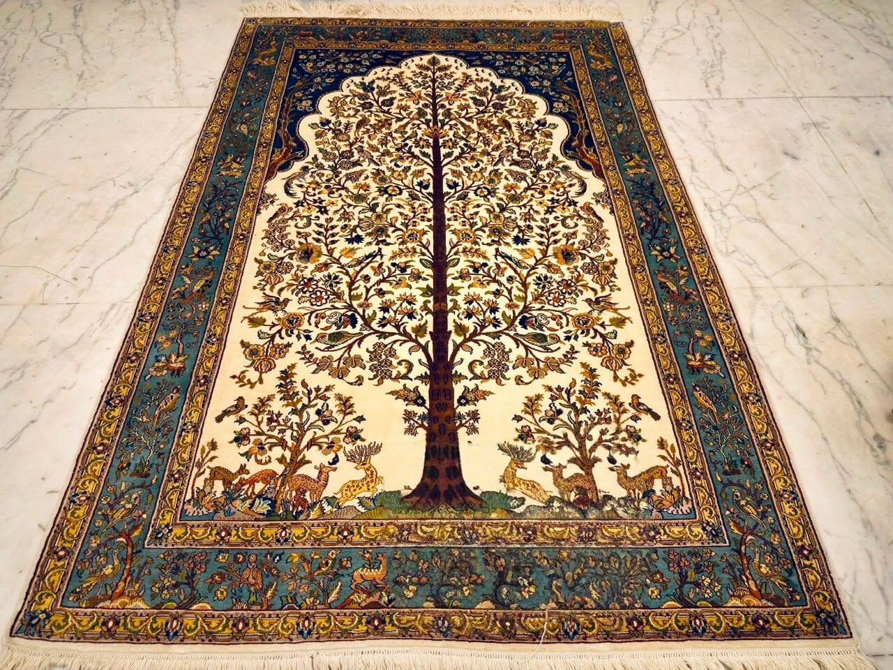 cream-hand-knotted-pure-silk-pictorial-kashmiri-coffee-table-rug-6x4 Hand-knotted Cream Pure Silk Kashmiri Rug in Cornhusk Tree-of-Life design, 6x4 ft, 972,000 knots, featuring eco-friendly chrome-free dyes for living room