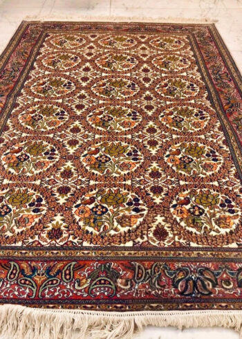 Handmade Cream Pure Silk Kashmiri Rug in Antique White Jaaldar Tabriz pattern, 6x4 ft, 972,000 knots, dyed with sustainable Azo-free dyes.
