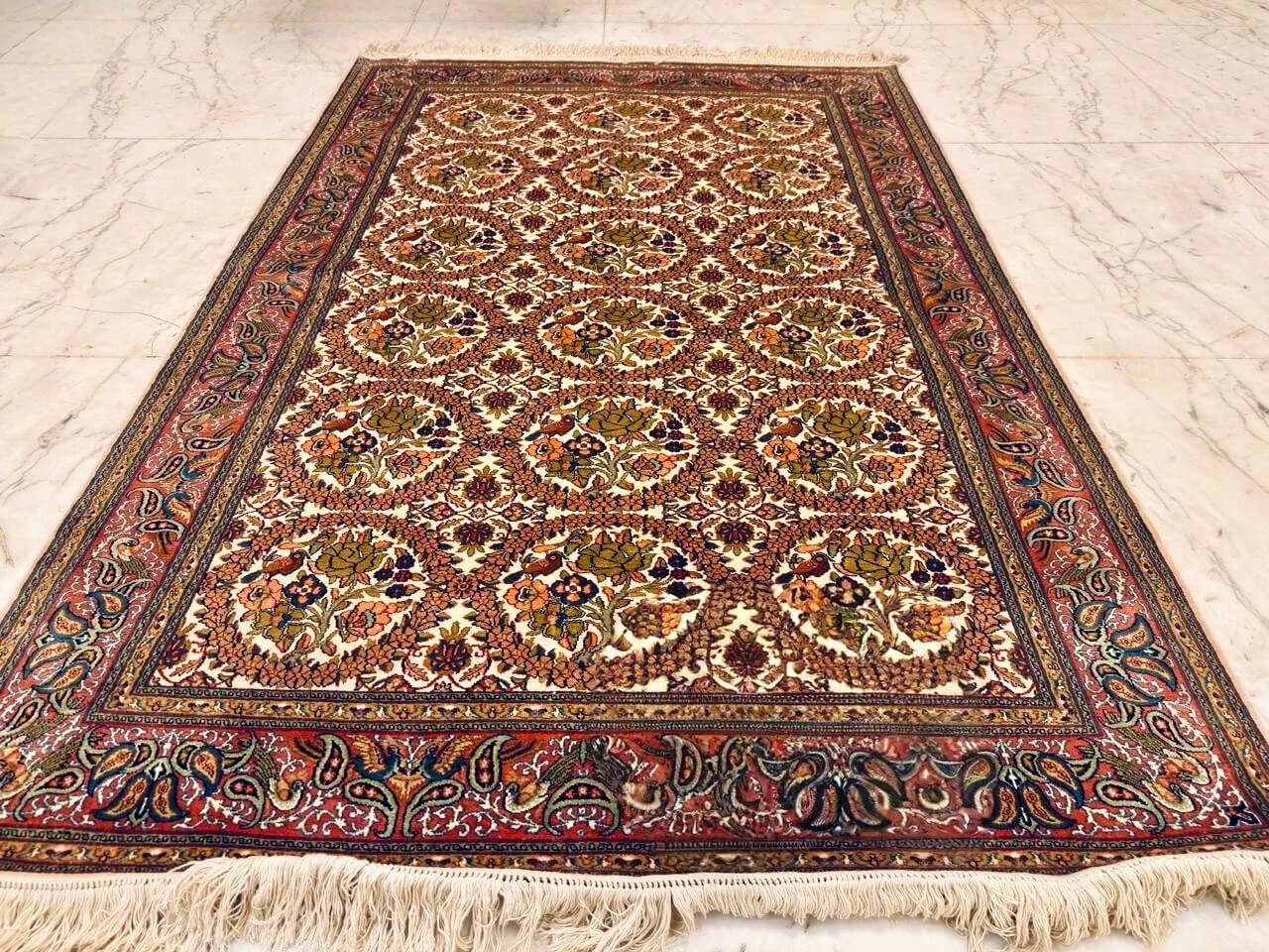 Handmade Cream Pure Silk Kashmiri Rug in Antique White Jaaldar Tabriz pattern, 6x4 ft, 972,000 knots, dyed with sustainable Azo-free dyes.