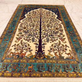 Handmade Cream Pure Silk Kashmiri Rug in Cloud Cream Tree-of-Life pictorial style, 6x4 ft, 972,000 knots, fine Kashmiri hand-knotting.