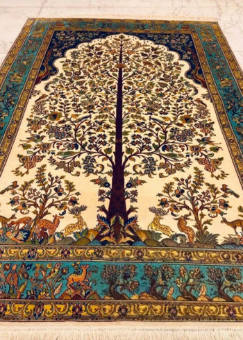 Handmade Cream Pure Silk Kashmiri Rug in Cloud Cream Tree-of-Life pictorial style, 6x4 ft, 972,000 knots, fine Kashmiri hand-knotting.