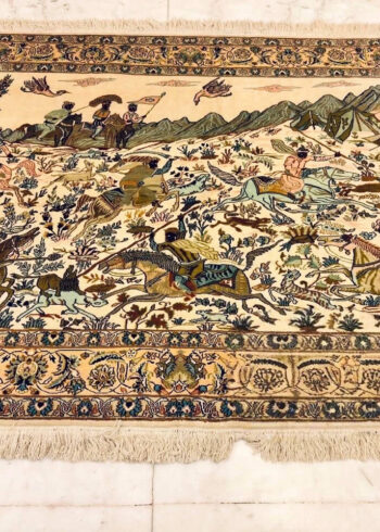 Handmade Cream Pure Silk Kashmiri Rug in Papyrus Royal Hunt pictorial scene, 6x4 ft, 972,000 knots, luxury Pure Mulberry Silk.