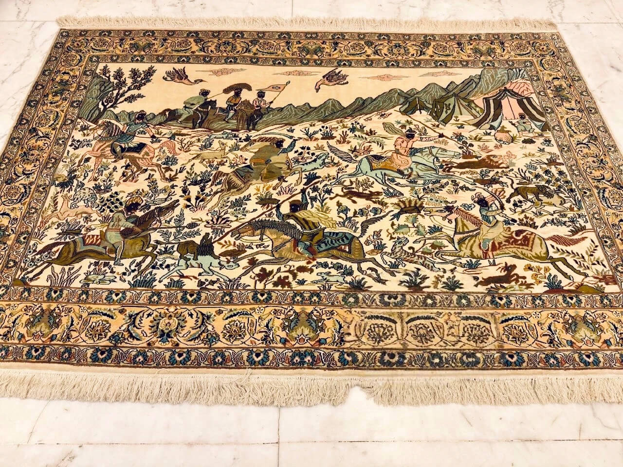 Handmade Cream Pure Silk Kashmiri Rug in Papyrus Royal Hunt pictorial scene, 6x4 ft, 972,000 knots, luxury Pure Mulberry Silk.