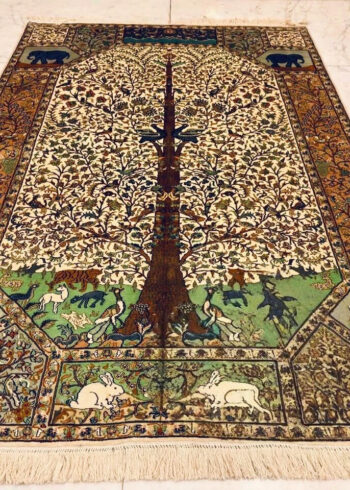 Handmade Cream Pure Silk Kashmiri Rug in Oak Gol-o-Bolbol pictorial style, 6x4 ft, 972,000 knots, premium silk coffee table rug.