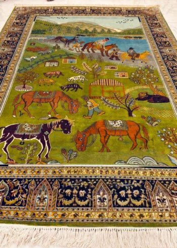 Hand-knotted Green Pure Silk Indo-Kashmiri Rug in Pistachio Royal Qesseh pictorial style, 6x4 ft, 972,000 knots, luxury silk wall hanging carpet