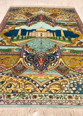 Handmade Green Pure Silk Indo-Kashmiri Rug in Porcelain Royal Taj pictorial design, 6x4 ft, 972,000 knots, pictorial theme with eco-dyes.
