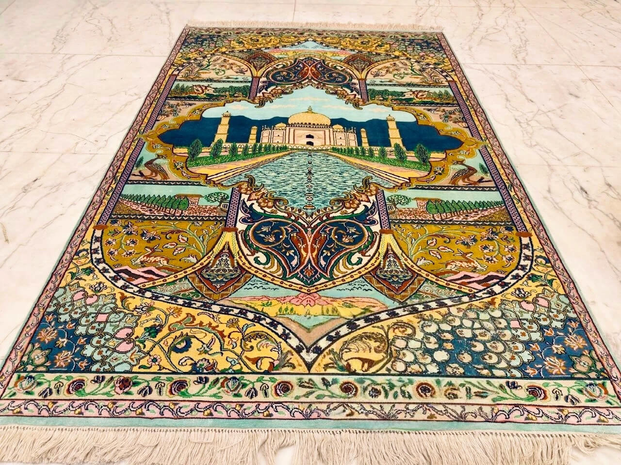 Handmade Green Pure Silk Indo-Kashmiri Rug in Porcelain Royal Taj pictorial design, 6x4 ft, 972,000 knots, pictorial theme with eco-dyes.