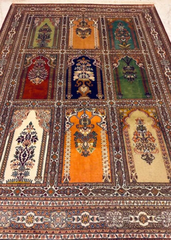 Hand-knotted Multicolor Pure Silk Kashmiri Rug in Multi-Color Qabi Mehrab pictorial pattern, 6x4 ft, 972,000 knots, 100% Pure Silk.