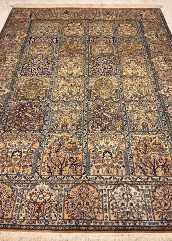 Hand-knotted Peach Pure Silk Kashmiri Rug in Salmon Shalimar-Hamadan design, 6x4 ft, 972,000 knots, dyed with eco-friendly Azo-free chrome dyes.