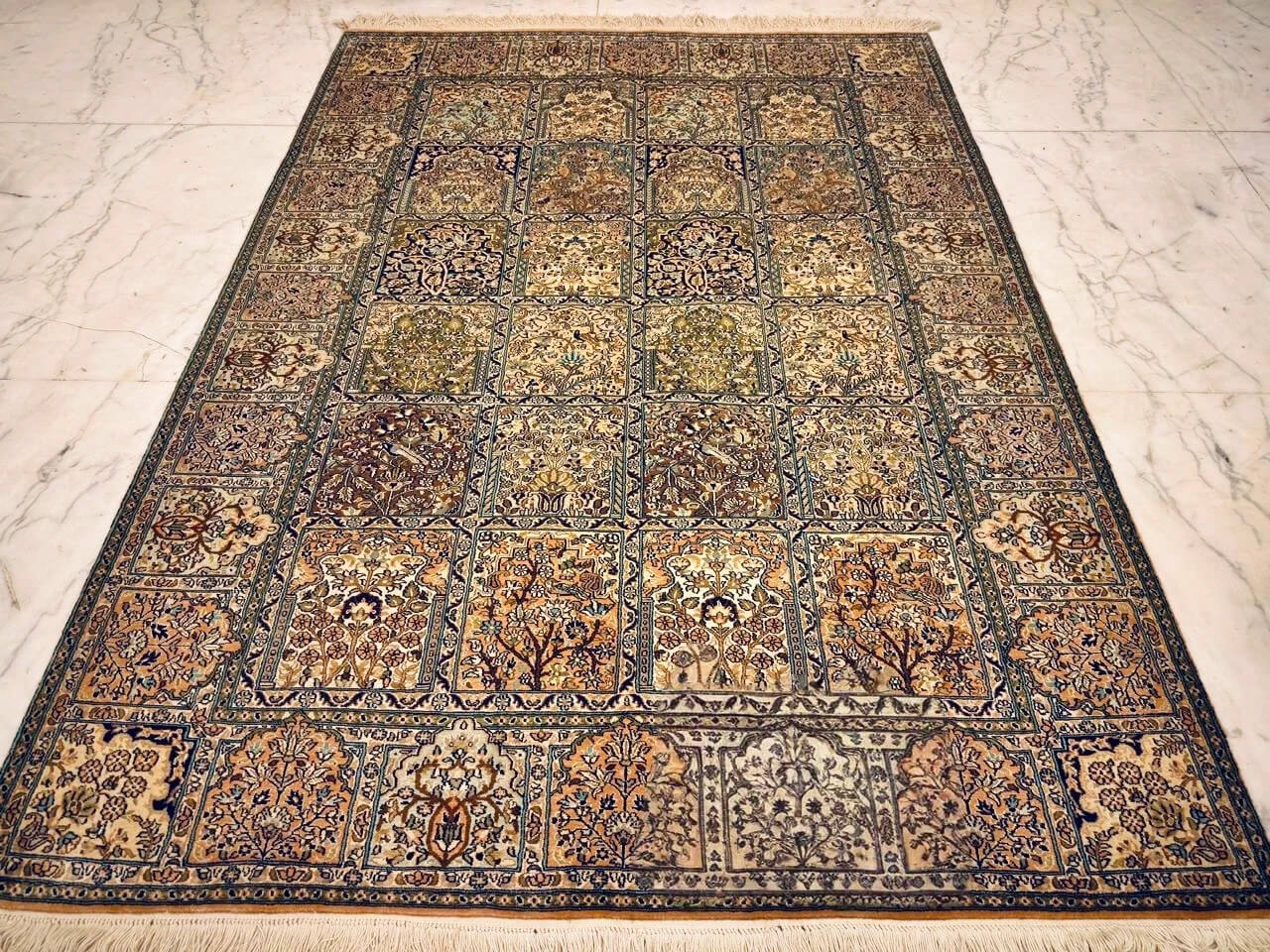Hand-knotted Peach Pure Silk Kashmiri Rug in Salmon Shalimar-Hamadan design, 6x4 ft, 972,000 knots, dyed with eco-friendly Azo-free chrome dyes.