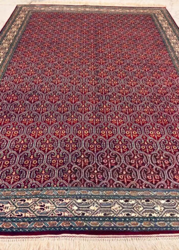 Hand-knotted Red Pure Silk Kashmiri Rug in Claret Red Senha floral design, 6x4 ft, 972,000 knots, high-density silk pile with eco-dyes.