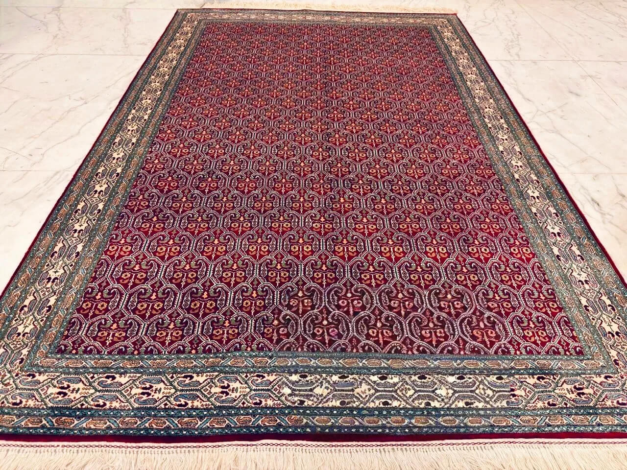 Hand-knotted Red Pure Silk Kashmiri Rug in Claret Red Senha floral design, 6x4 ft, 972,000 knots, high-density silk pile with eco-dyes.