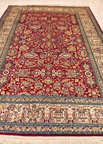 Hand-knotted Red Pure Silk Kashmiri Rug in Persian Red Millefleurs style, 6x4 ft, 972,000 knots, authentic Kashmiri craftsmanship.